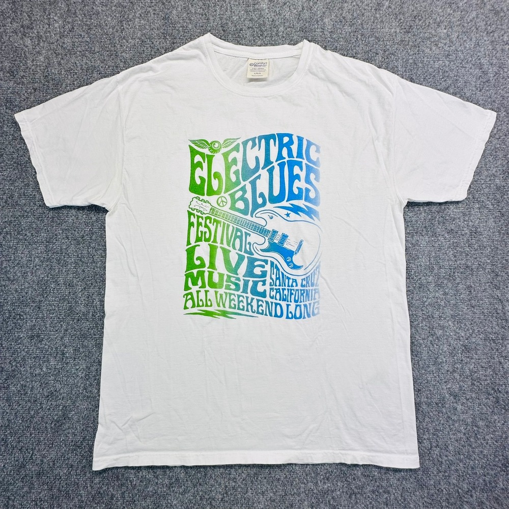 Comfort‎ Wash T-Shirt Mens L White Electric Blues Festival Santa Cruz GDH100 Tee